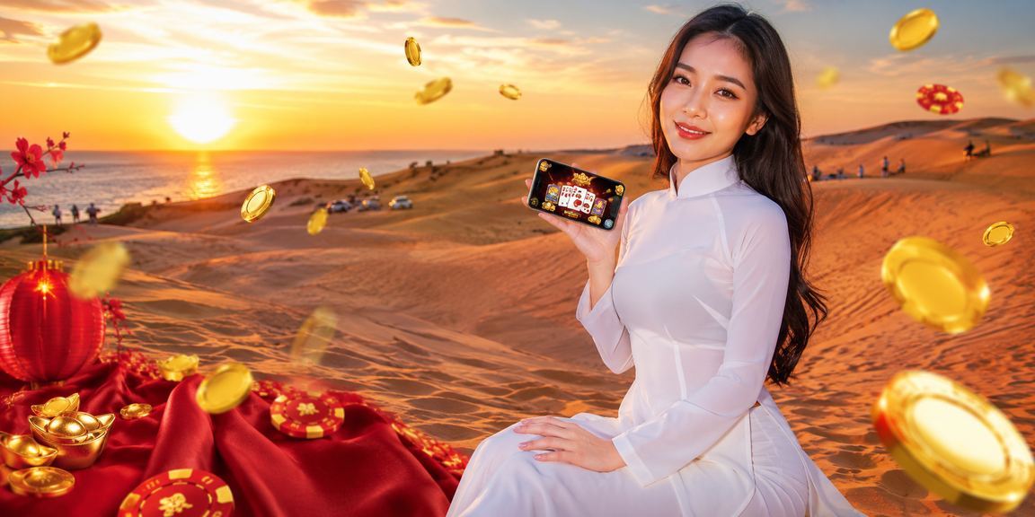 Người chơi tại Mũi Né trải nghiệm game bài trực tuyến trên điện thoại bên bờ biển